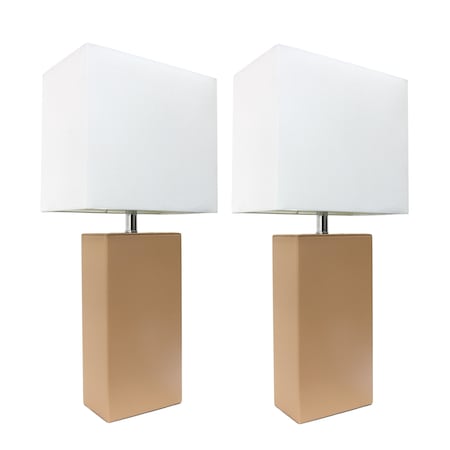 Elegant Designs Modern Leather Table Lamps with White Fabric Shades, Beige, PK 2 LC2000-BGE-2PK